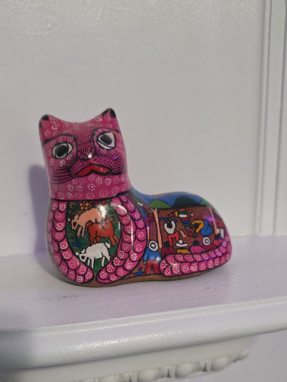 Mexican Folk Art Hand Painted Talavera Redware Pottery Pink Cat Figurine 